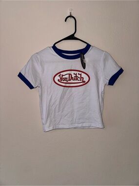 Women’s Von Dutch White Tee with Blue Trim and Red Logo